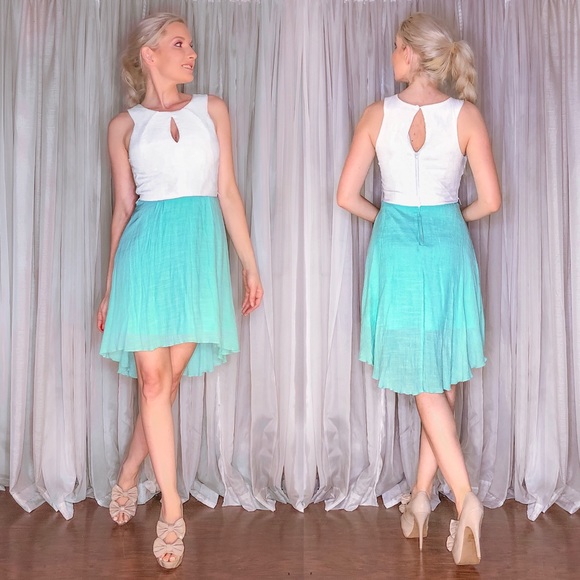 Teeze Me Dresses & Skirts - White Teal Color Block Key Hole High Low Sundress